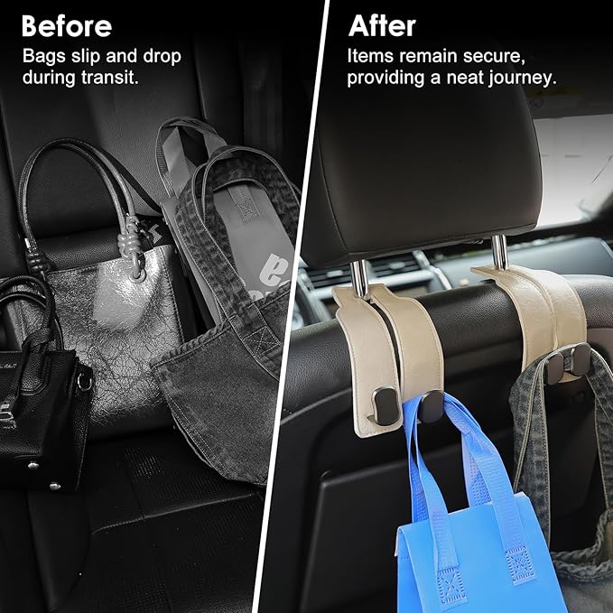 KINIVA Car Seat Headrest Storage Hooks, Set of 2, Suede PU Leather, Double Hooks (06-White)