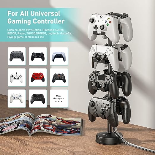 MANMUVIMO Headphone Controller Storage Holder for Desk 4 Tiers with Anti-Slip Stable Suction Cup, Controller Holder, Universal Gaming Desk Accessories for PS5/PS4/Xbox Series/Xbox One