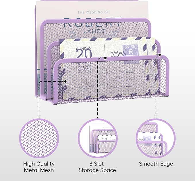 SUPEASY Mail Organizer for Desk, Mesh Metal Mail Holder Countertop with 3-Slot, Letter Sorter File Holder, Office Envelope Organizer for Mails (Purple)