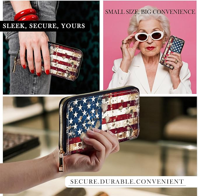 RFID-Blocking Zip Around Wallets for Women with Detachable Wrist Strap,Large Capacity Phone Holder with Card Organizer & Coin Pocket,Rustic American Flag