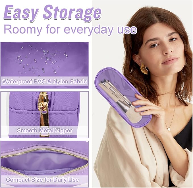 Nylon Small Clear Makeup Bag Slim Pencil Pouch, Cute Makeup Bag Preppy Cosmetic Zipper Pouch Pencil Case for Purse, Travel PVC Toiletry Bag Clutch Coin Pouch Makeup Organizer for Women Girls(Purple)