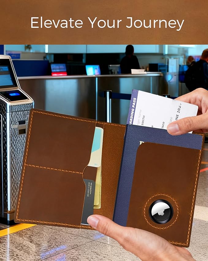 Passport Holder for Travel, Genuine Leather Passport Wallet Cover Case with Airtag Slot, RFID Blocking, for Women Men, Travel Essentials Gift, Brown