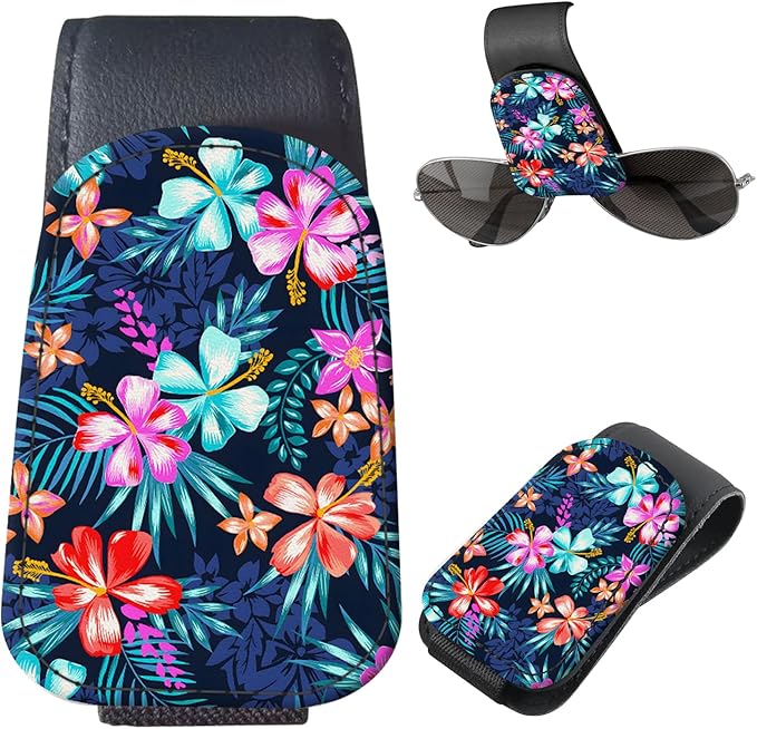 Sunglasses Holder for Car Visor, PU Leather Glasses Clip Organizer, Cute Magnetic Eyeglass Holder for Vehicle Sun Visor, Car Interior Accessory for Women & Men Tropical Neon Flowers