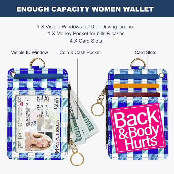 Slim Wallet Credit Card Holder, Blue Checkered X, RFID Wallet Women Cute Small Front Pocket Wallet With Zipper, PU Leather Thin travel RFID Blocking Card Case ID Window,Ladies Gifts