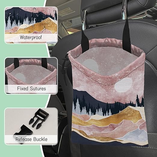 Pink Mountain Car Trash Bag,Full Moon Hanging Drawstring Car Garbage Bag,Waterproof Canvas Car Back Seat Organizer with Adjustable Buckle,for Vehicles,SUVs,Camping,Road Trips