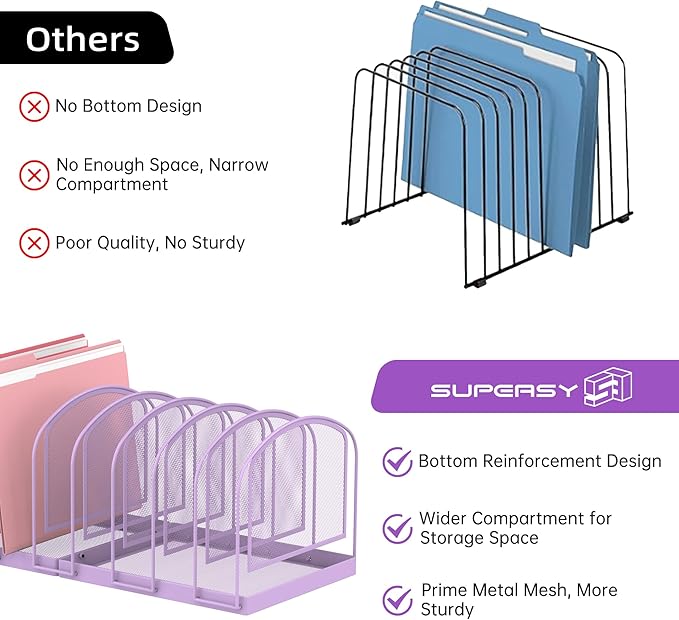 SUPEASY File Organizer 9-Section Mesh Desk Organizer, Upright File Organizer Desktop Organizer File Sorter, File Folder Holder for Office Supplies, Purple