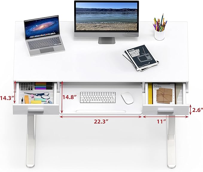 SHW 48-Inch Electric Height Adjustable Desk with Keyboard Tray and 2 Drawers, White