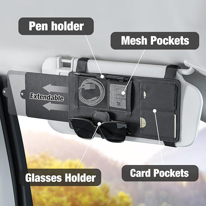 SEG Direct Sun Visor Extender for Car, Sun Blocker with Magnetic Sunglass Holder Hanger Clip, Ticket Card Organization Pouches, Side Sunshade Visor Organizer Accessories, Black