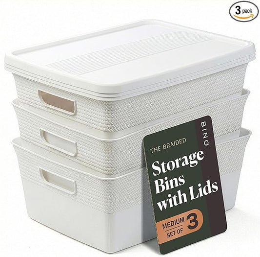 BINO | Plastic Storage Bins with Lids, 13 Liter - 3 Pack, White | THE BRAIDED COLLECTION | Plastic Bins for Organization Woven Storage Baskets for Organizing Pantry Shelf Organizer Basket Bin