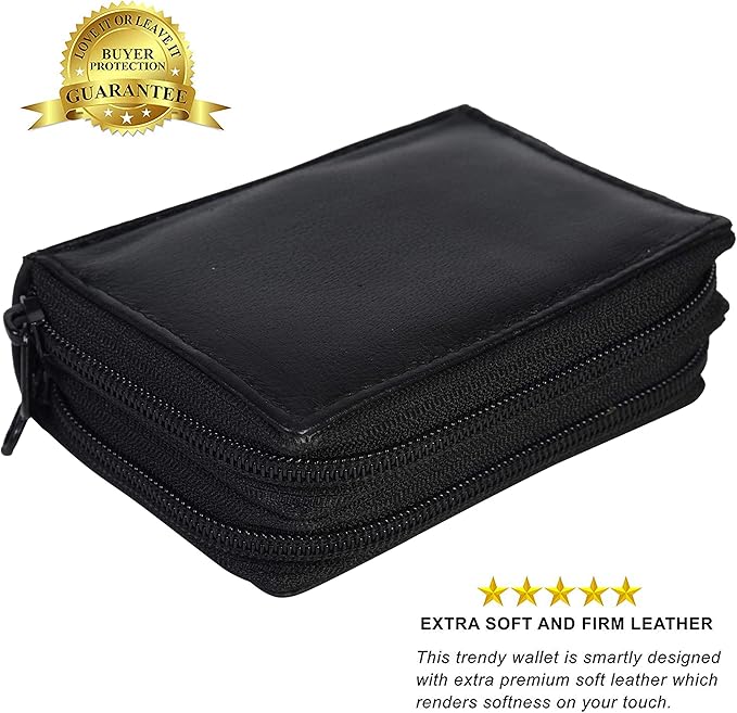 Leatherboss Leather RFID Identity Safe Double Zippered Accordion Wallet