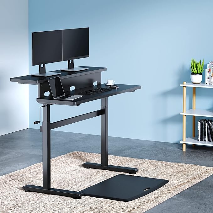 Stand Steady Tranzendesk | 55 Inch Dual Level Standing Desk with Shelf | Easy Crank Height Adjustable Sit to Stand Desk | Stand Up Workstation with Monitor Riser for Home & Office (55in / Black)
