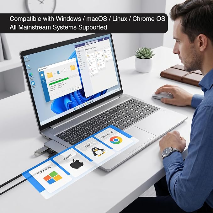 Portable 4-Port USB 3.0 Hub with Direct Plug-in USB Male Connector Design | Space-Saving USB Hub Compatible with Laptops and Desktops, Works with Windows, macOS, Linux and Chrome OS