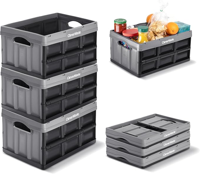 CleverMade Collapsible Storage Bins 32L 3 Pack – Heavy Duty Foldable Storage Bins with Built-In Handles for Garage Storage and Home Organization - Stone