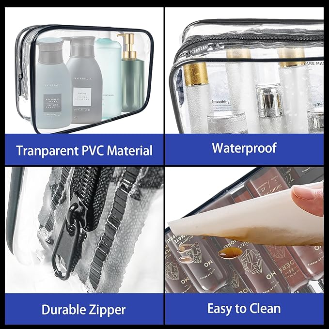 YedsIntu 16 Pack Waterproof Cosmetic Bag TSA Approved Toiletry Bag, Portable Travel Pouch with Zipper, Vinyl Plastic Organizer Storage for Men and Women (Black-L)