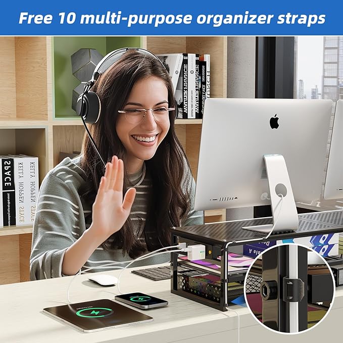 Simple Trending 2 Tier Metal Monitor Stand Riser with USB 2.0 and Charging Prot , Computer Office Desktop Organizer for 2 Monitors with 2 Drawer Storage and Reusable Cable Ties for Printer, TV, Black