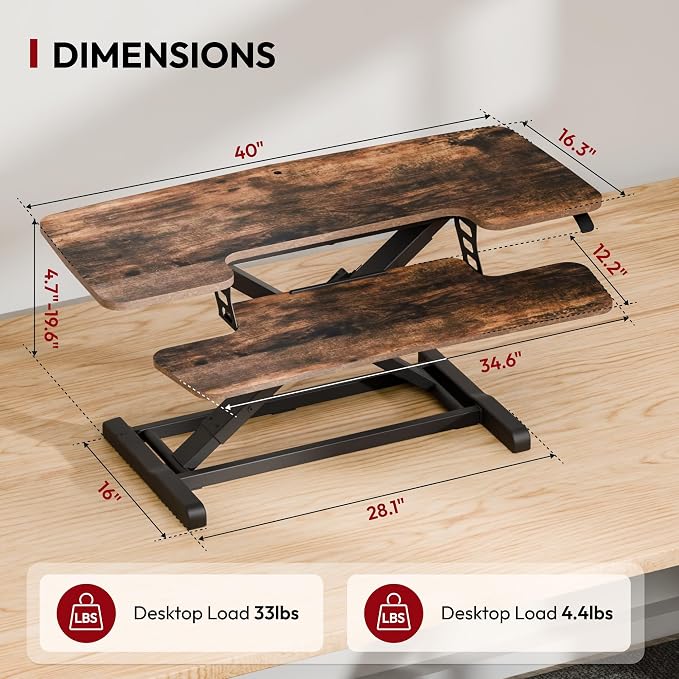 SANODESK 40" Standing Desk Converter, Effortless Lift Sit-Stand Desk Riser for Dual Monitors, Large Ergonomic Computer Workstation Tabletop, Rustic Brown