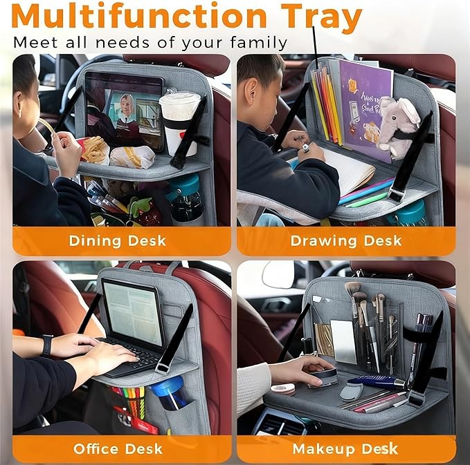Backseat Car Organizer with Tray, 9 Storage Pockets Back Seat Protector with Foldable Tablet Holder, Waterproof Back of Seat Kick Mats for Kids Adult, Travel Accessories 2 Pack, Gray