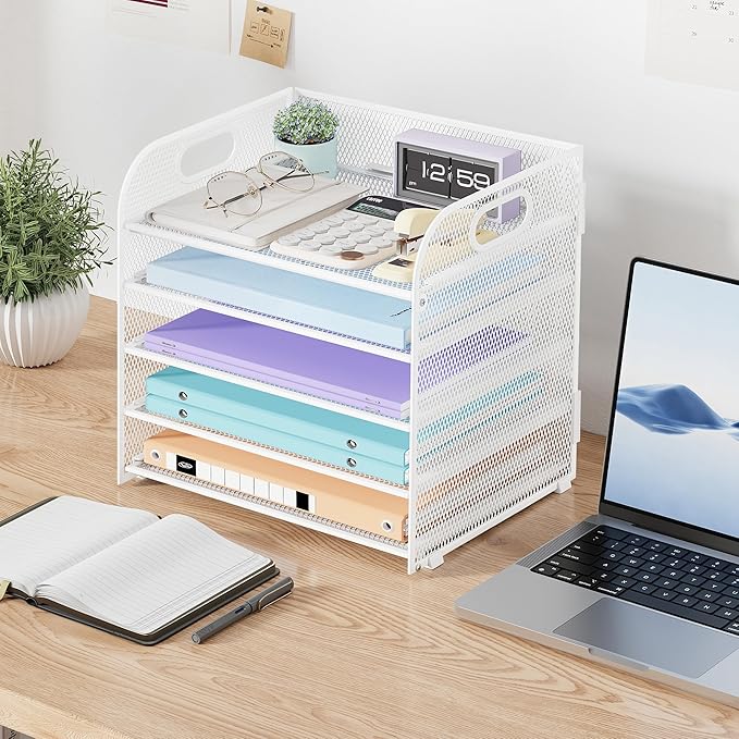 Cawukege 2 Pack 5 Tier Paper Organizer, Letter Tray with Handle, Mesh Desk Organizer, Metal File Organizer, Office Desk Accessories for Home, Office, Classroom, School -White
