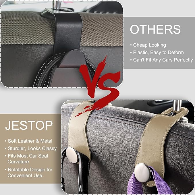 JESTOP Car Headrest Hooks, 2 Pack Leather Car Seat Storage Hanger for Purses Bags, Stylish Car Seat Organizer Hooks for Handbag Coat Umbrellas, Car Inside Accessories, Apricot