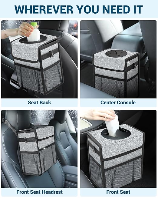 Capolo Car Trash Can with Lid, Leakproof Car Trash Bag Hanging Waterproof Automotive Garbage Can with Storage Pockets Mini Vehicle Trash Bin for Back/Front Seat(Silver Glitter,2.5 Gallon)