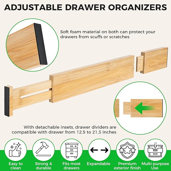 4 Pack Bamboo Drawer Dividers Organizer with Inserts 2.6'' High, Expandable from 12.5-21.7", Adjustable Drawer Organizer Separators for Utensils, Clothing, Office, Dresser, Bedroom, (Beige)