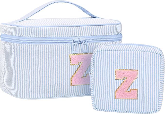 MONSTINA Personalized Initial Makeup Bag with Brush Holder and Divider for Women,Make Up Case for Girlfriend Bridesmaid Wife,Birthday Gift for Her Cute Toiletry Bag,2PCS,Blue Z