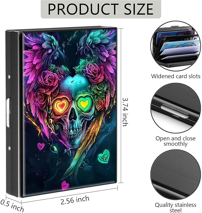 Credit Card Holder, Art Skull Design Mini RFID Blocking Aluminum Wallet Slim Metal Hard Case Shell Travel Wallet ID Case Small Credit Cards Case Business Cards for Women Men Girls