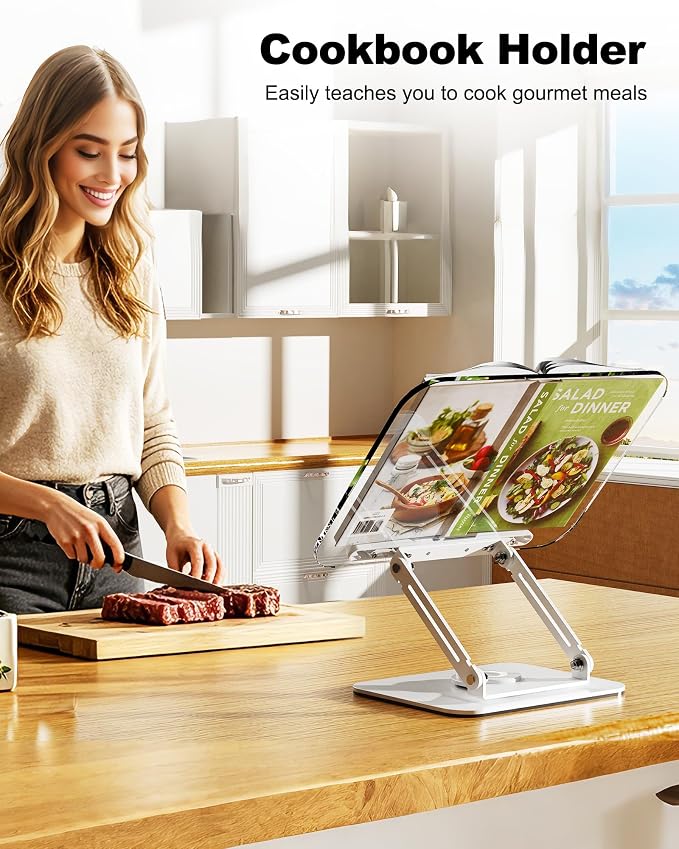 Acrylic Book Stand for Reading, Adjustable Book Holder with 360° Rotating Base & Elastic Page Clips, Foldable Desktop Riser Stand for Cookbook,Laptop,Tablet,Music Scores,Recipe,Textbook (White, 11.8")