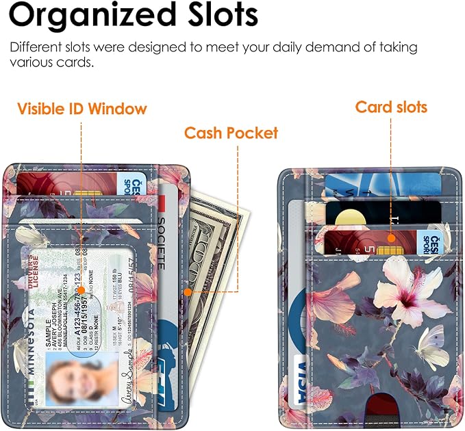 FINTIE Slim Minimalist Front Pocket Wallet, RFID Blocking Credit Card Holder Card Cases with ID Window for Men Women (Blooming Hibiscus)