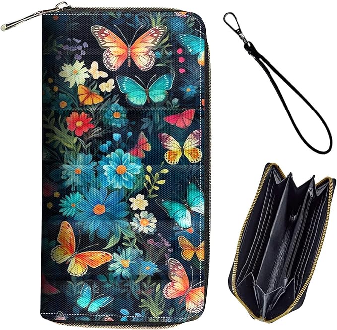 Bxgolkgd Womens Wallet, RFID Blocking Leather Wallet,Large Capacity Wallet Credit Card Holder PU Leather Ladies Clutch with Zipper Coin Pocket - Flower Butterfly