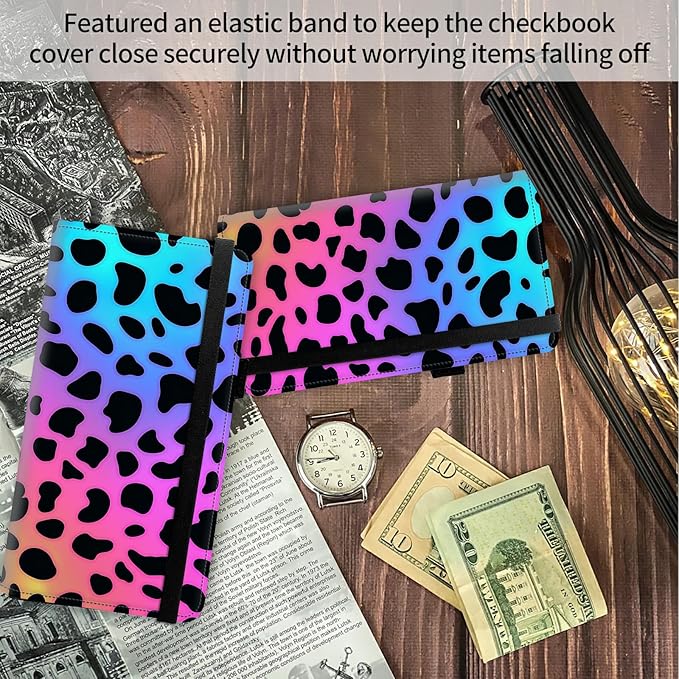 FUYOCWE Leather Checkbook Covers for Men Women Check book Holder Cover Wallets for Personal Checkbook Duplicate Checks with RFID Blocking & Elastic Strap-Colorful Leopard Print