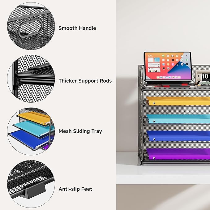 Cawukege 5 Tier Paper Organizer with Handle, Black Metal Mesh Desk Organizer File Folder Paper Letter Tray Desktop Document Sorter for Classroom, School, Office Accessories Organization and Storage