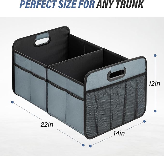 Simple Deluxe Car Trunk Organizer, 2 Compartments Collapsible Trunk Storage, Anti-slip Design, Made of Waterproof 600D Oxford Polyester, Suitable for SUV, Truck, Standard Size, Grey-Green