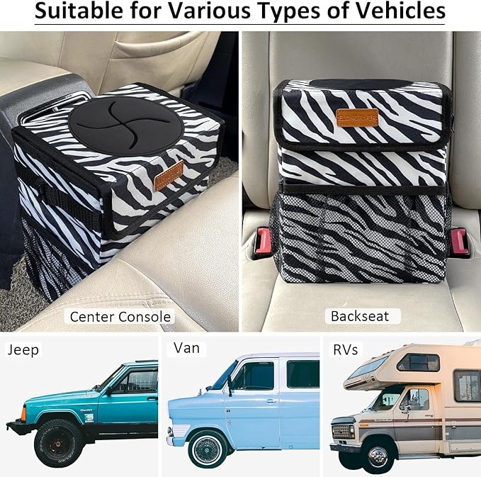 ELONGRIVER Car Trash Can Bin for Back Seat Leak Proof, Cute Car Trash Bag Hanging, Vehicle Trash Can for SUV Truck Van, Automotive Garbage Cans Front Seat Zebra