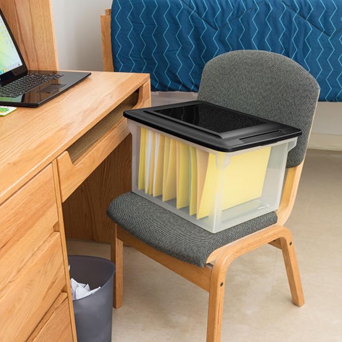 Sterilite File Box, Stackable Storage Bin with Lid, Organize Receipts, Bills, Taxes and Papers in the Home, Office, Clear Base with Black Lid, 16-Pack