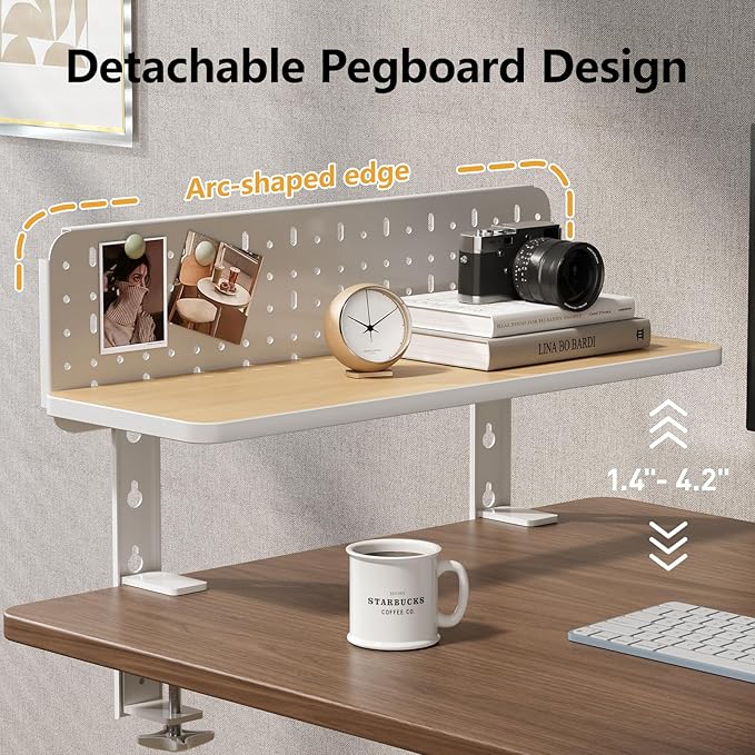 3 in 1 Clamp-on 22"×7.5" Desk Extender, Heavy-Duty Side/Top Desk Organizer Shelf, Adjustable Desktop Storage for Office Accessories, Monitor and Laptop Riser, Pegboard Included