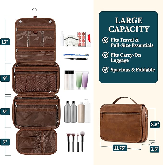 PAVILIA Hanging Toiletry Bag Women Men, Foldable Cosmetic Organizer Travel Bag, Water Resistant Makeup Bag Toiletries, Large Travel Essentials Kit (Brown)