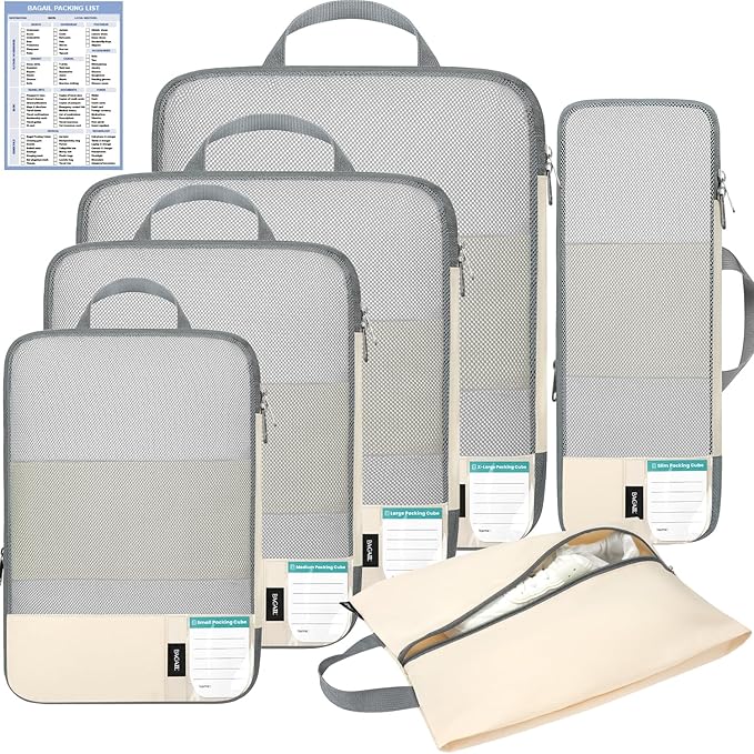 BAGAIL 6 Set Lightweight Compression Packing Cubes with Packing List, Anti-Tearing Expandable Organizer Bags for Travel, Beige