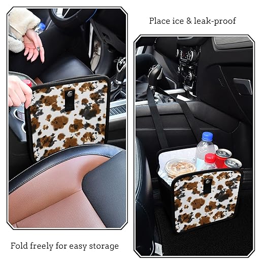 Brown Cow Print Car Trash Can Black White Animal Skin Foldable Hanging Car Trash Bag Bin Auto Garbage Can Leak-Proof Car Organizer(Large)