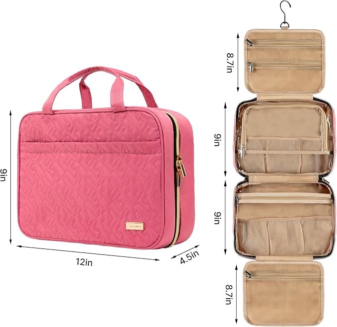 Carrywell Toiletry Travel Bag For Women with Hanging Hook, Makeup Organizer Case, Water-Resistant Cosmetic Bag For Full-size Containers, Toiletries, Pink Large, Not Made In China