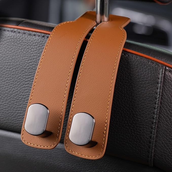Jayanes Genuine Leather Car Purse Hook - Flexible Car Seat Back Storage Hook for Purses and Bags, Universal Headrest Hooks for Car, Upgraded Car Purse Holder Hanger for Head Rest (Brown-1 Pack)