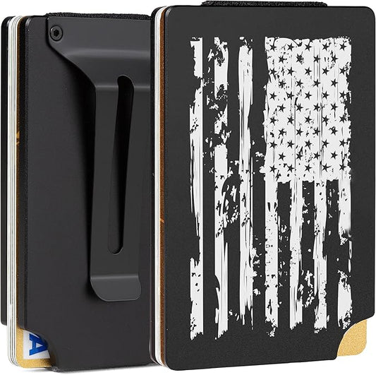 Slim Wallet for Men,RFID Blocking Minimalist Metal Wallet, Money Clip/Cash Holder, Front Pocket Aluminum Credit Card Holder, Ideal Gift for Men,Black-American USA Flag