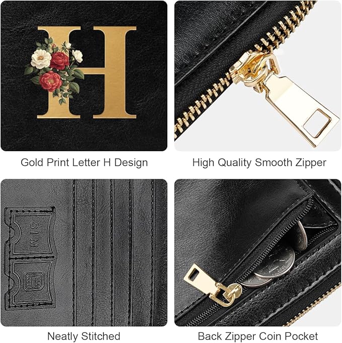 Passport Holder for Travel Wallet Women Zipper Wallets Personalized Passport Holder Cover Initial Letter Rose Flower Passport Book Holders RFID Blocking Credit Card Holder, H