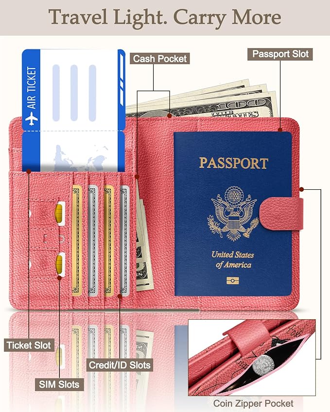 Slohif Passport Wallet Holder Cover for Travel - Women Men RFID Blocking Passport Book Case Protector, Pink Cute Lip Leather Personalized Organizer Slim Carrier Boarding Pass Cards Slots