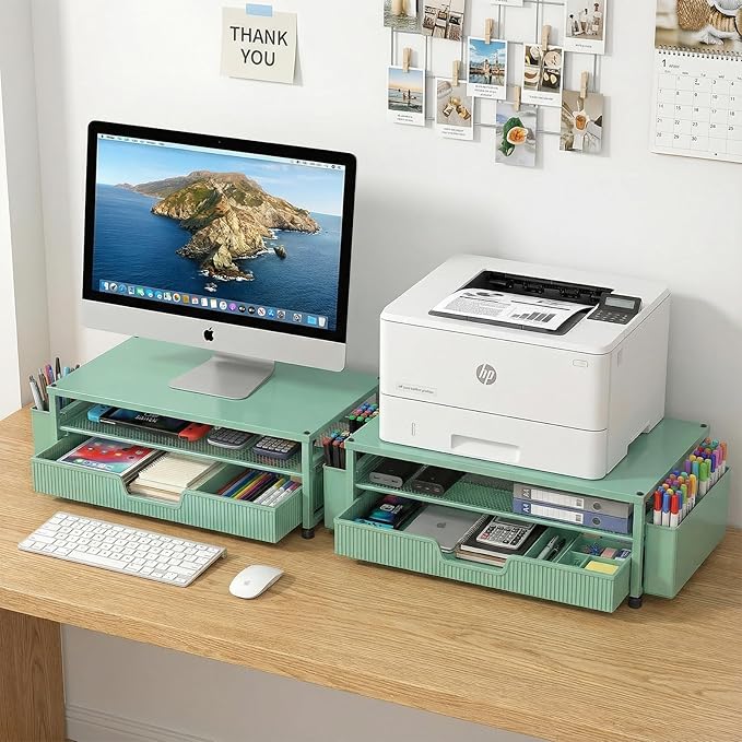 ECOLOVI Desk Organizer and Accessories, 2-Tier Computer Monitor Stand Rise with Storage Drawer & 2 Pen Holders, Laptop & Printer Stand for Desktop, Workspace Organizers for Office Supplies (Green)