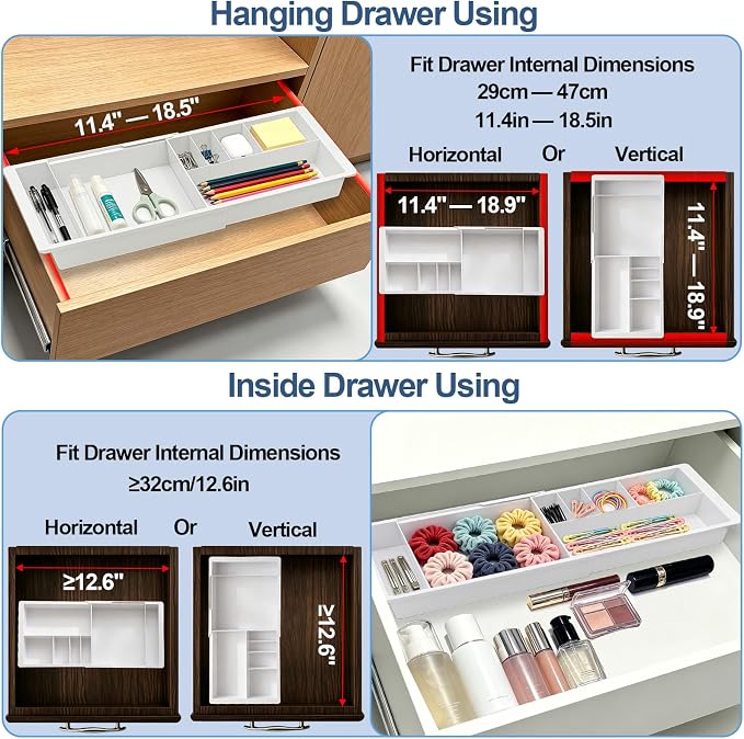 Expandable Desk Drawer Organizer,Deep Drawer Hanging Organizer Sliding Tray with Divider Storage Expandable from 11.2 to 18.9 Inch for Office Supplies,Makeup,Kitchen Cabinet,Bathroom