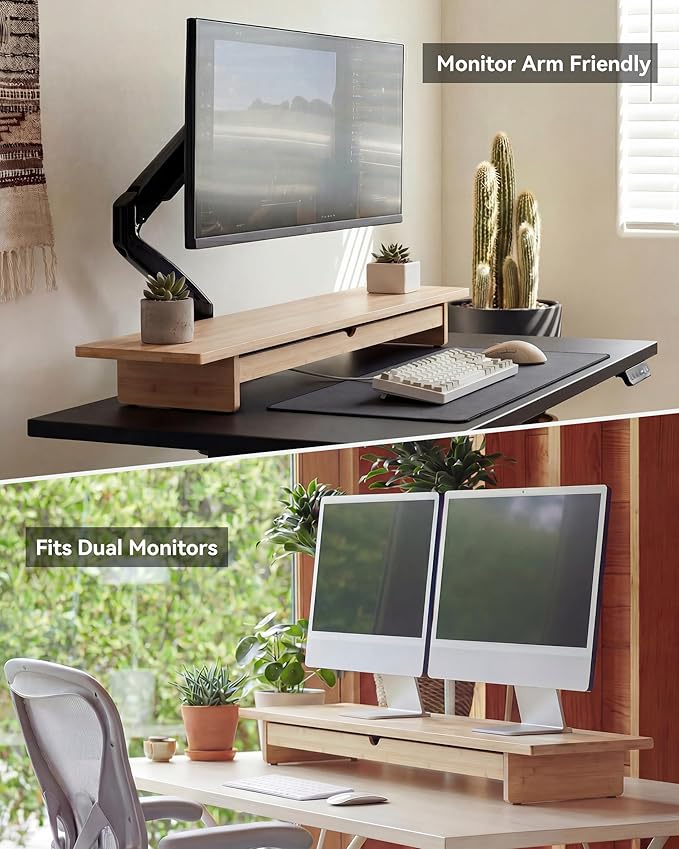 Bamboo Monitor Stand with Large Storage Drawer, 42 Inch Ergonomic Computer Riser for Desk, Screen Shelf with 7 Compartments for Keyboard & Stationery Organization