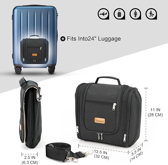 COOSKY Hanging Travel Toiletry Bag for Women and Men, 6 Organizer Compartments, Large Toiletries essentials, Bathroom Cosmetic Accessories, Water-resistant Makeup Bag, Holds Full-Size Shampoo, Black