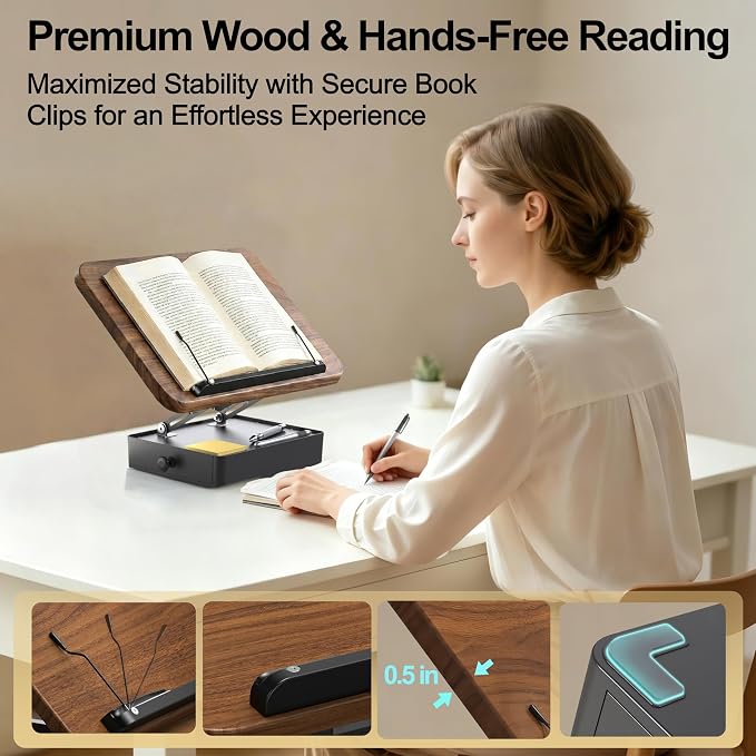 Book Stand with Storage Drawer, Adjustable Wooden Reading Stand for Desk, Ergonomic Height & Angle Book Holder for Textbooks, Cookbooks, Documents (Walnut Finish, 9.8" x 13.8" Large Panel)