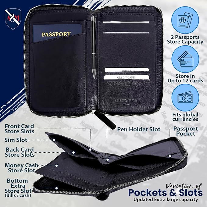 ALLEN & MATE 100% Leather Passport Holder for Travel RFID Blocking Passport Wallet for Men & Women - Zippered Compact Travel Document Organizer Fits Passport, Cash, Cards, SIM, ID and Tickets